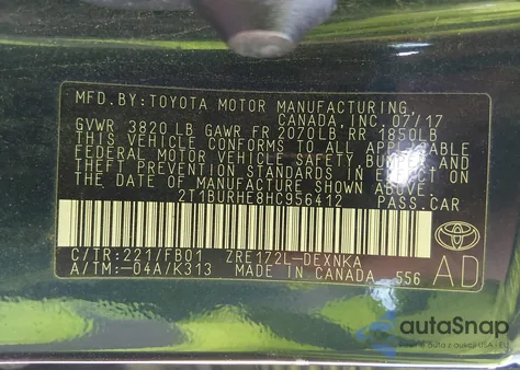 2017 Toyota Corolla Le from USA, damaged, VIN 2T1BURHE8HC956412